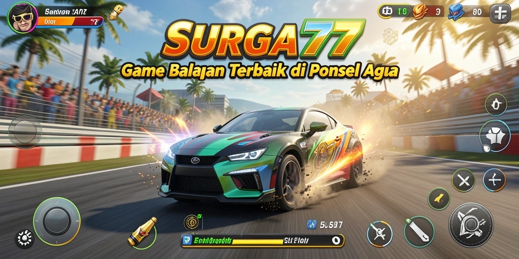 Gameplay SURGA77 yang mendebarkan dengan mobil balap yang cepat.